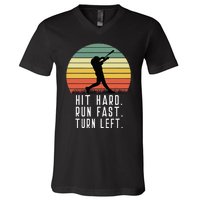 Baseball Batter Homerun Hit Hard Run Fast Turn Left Vintage V-Neck T-Shirt