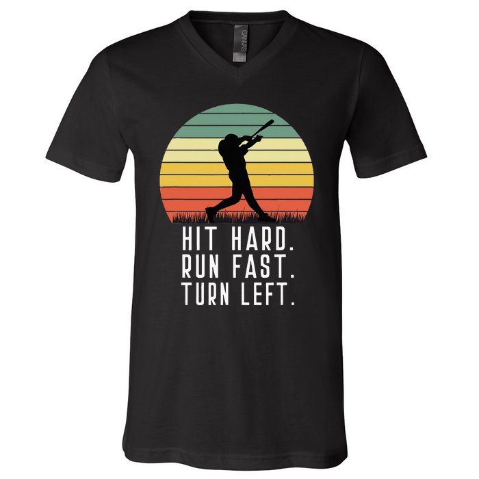 Baseball Batter Homerun Hit Hard Run Fast Turn Left Vintage V-Neck T-Shirt