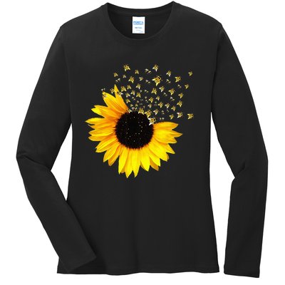 Bumble Bee. Honey Bees. Bee Lover. Sunflower. Yellow Flowers Ladies Long Sleeve Shirt