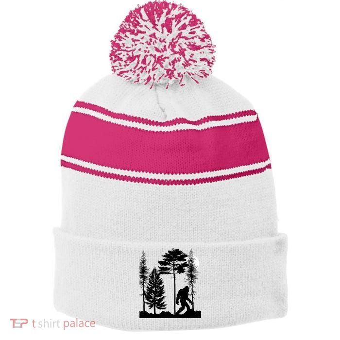 Bigfoot Bigfoot Hiding in Forest At Night Sasquatch  Stripe Pom Pom Beanie