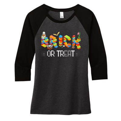 Block Building Halloween Brick Or Treat Master Builder Women's Tri-Blend 3/4-Sleeve Raglan Shirt