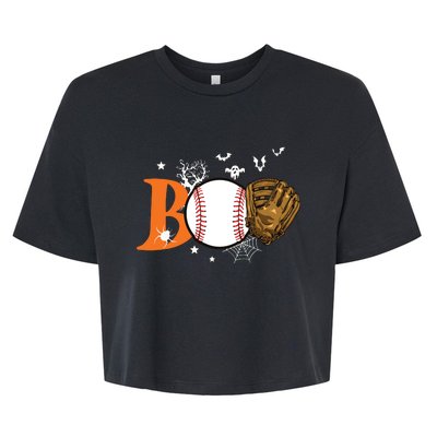 Boo Baseball Halloween Player Catcher Pitcher Spooky Season Bella+Canvas Jersey Crop Tee