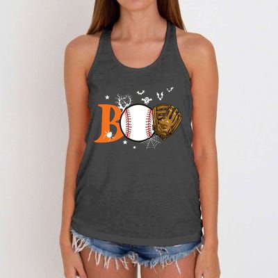 Boo Baseball Halloween Player Catcher Pitcher Spooky Season Women's Knotted Racerback Tank