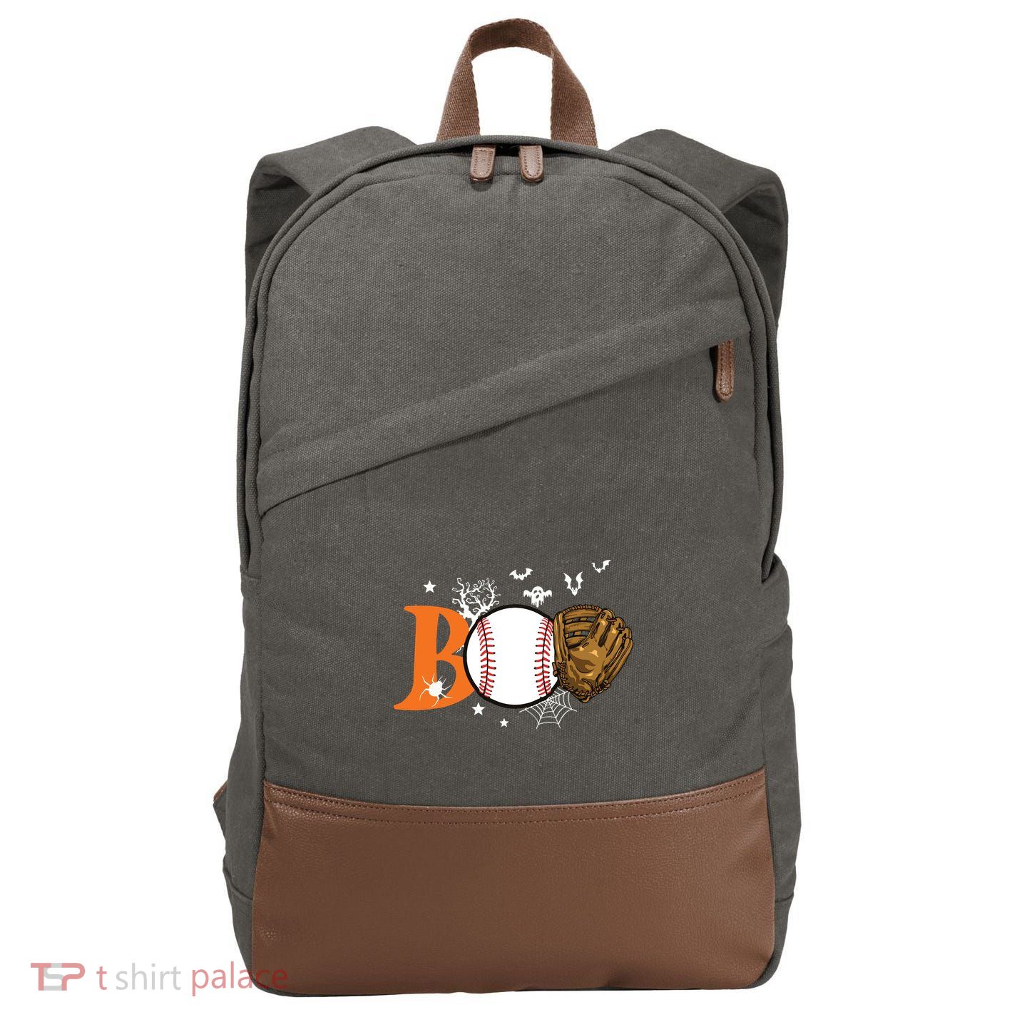 Boo Baseball Halloween Player Catcher Pitcher Spooky Season Cotton Canvas Backpack