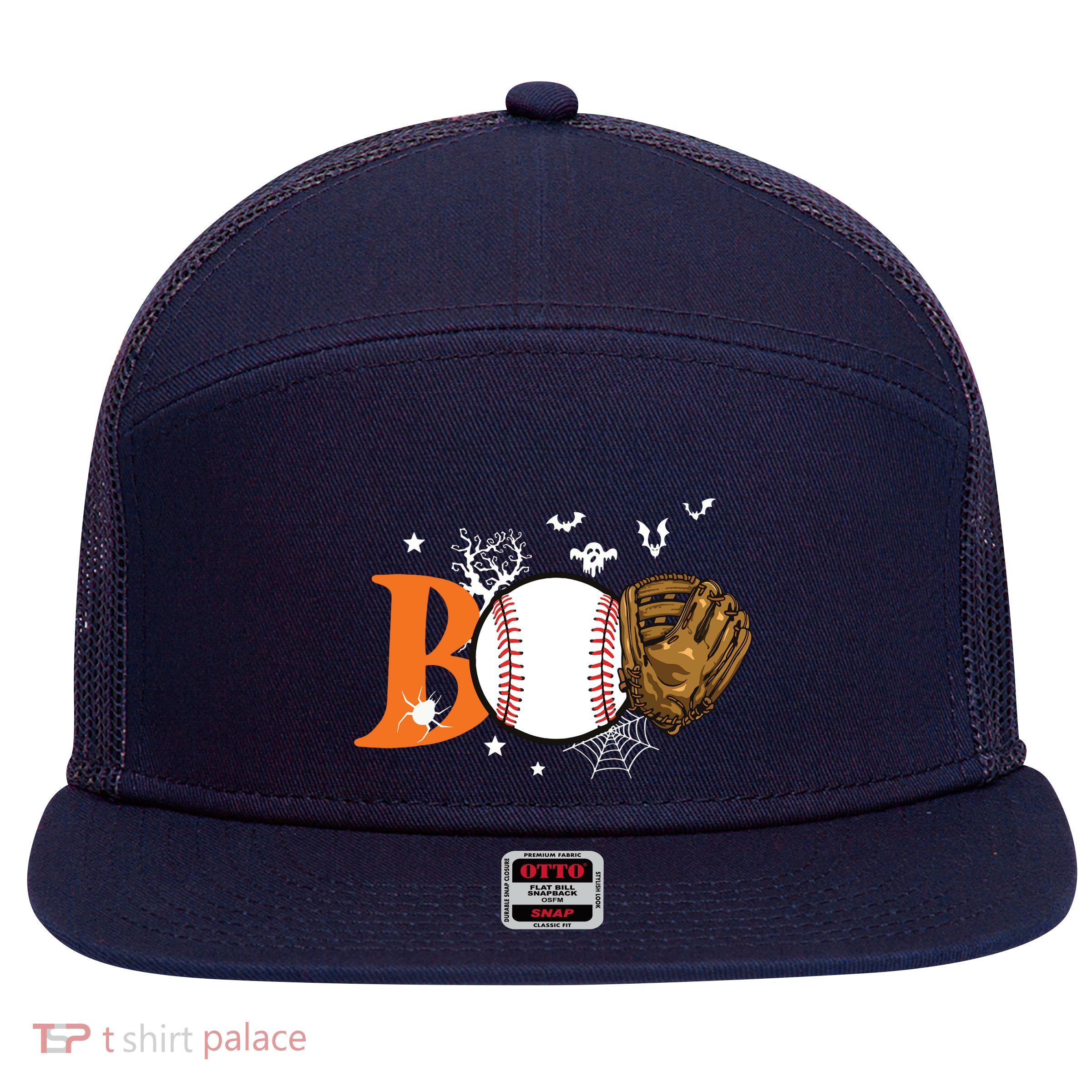 Boo Baseball Halloween Player Catcher Pitcher Spooky Season 7 Panel Mesh Trucker Snapback Hat