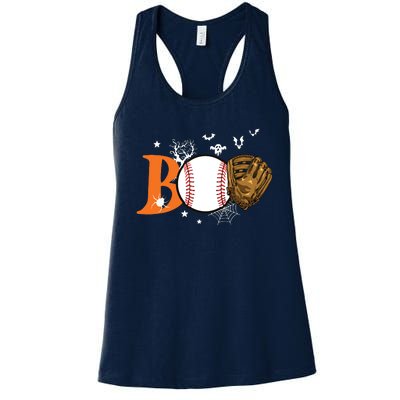 Boo Baseball Halloween Player Catcher Pitcher Spooky Season Women's Racerback Tank