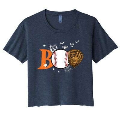 Boo Baseball Halloween Player Catcher Pitcher Spooky Season Women's Crop Top Tee