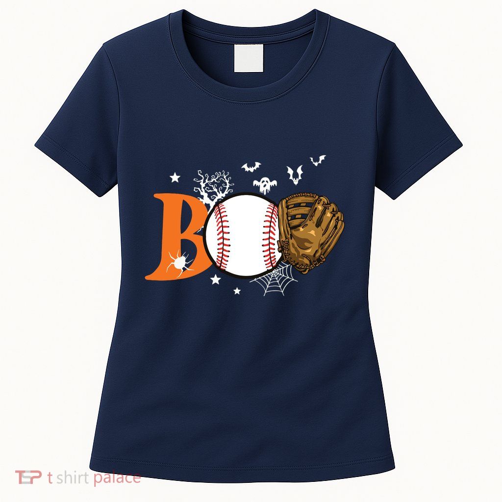Boo Baseball Halloween Player Catcher Pitcher Spooky Season Womens T-Shirt