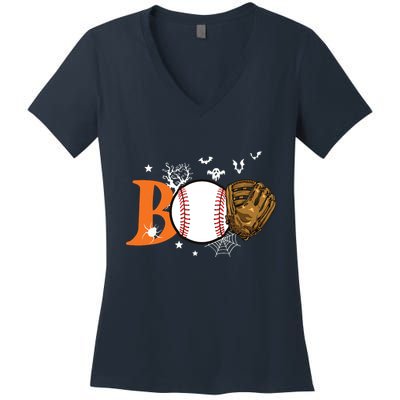 Boo Baseball Halloween Player Catcher Pitcher Spooky Season Women's V-Neck T-Shirt