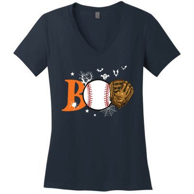 Boo Baseball Halloween Player Catcher Pitcher Spooky Season Women's V-Neck T-Shirt