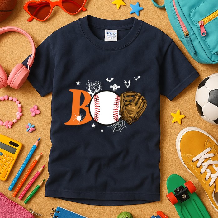Boo Baseball Halloween Player Catcher Pitcher Spooky Season Kids T-Shirt