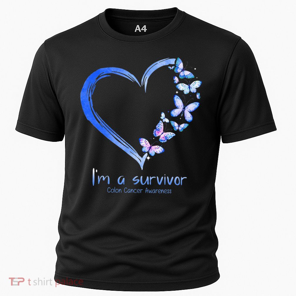 Blue Butterfly Heart Im A Survivor Colon Cancer Awareness Performance Shirt