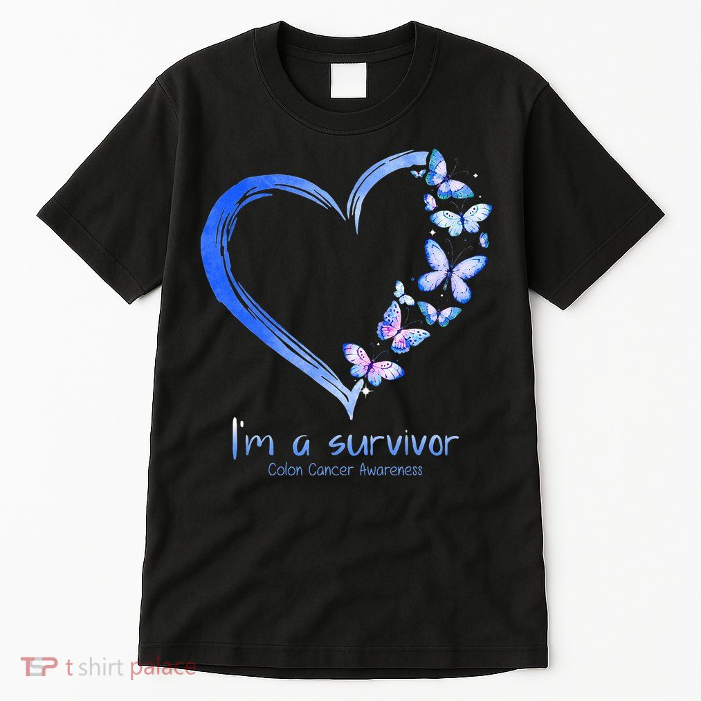 Blue Butterfly Heart Im A Survivor Colon Cancer Awareness Tall T-Shirt