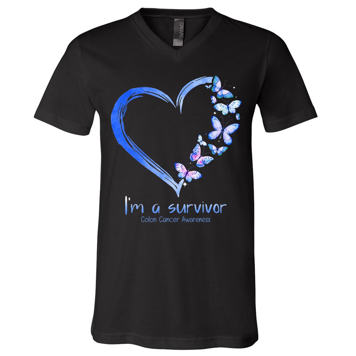 Blue Butterfly Heart Im A Survivor Colon Cancer Awareness V-Neck T-Shirt