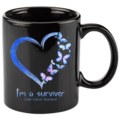 Blue Butterfly Heart Im A Survivor Colon Cancer Awareness 11oz C Handle Ceramic Mug