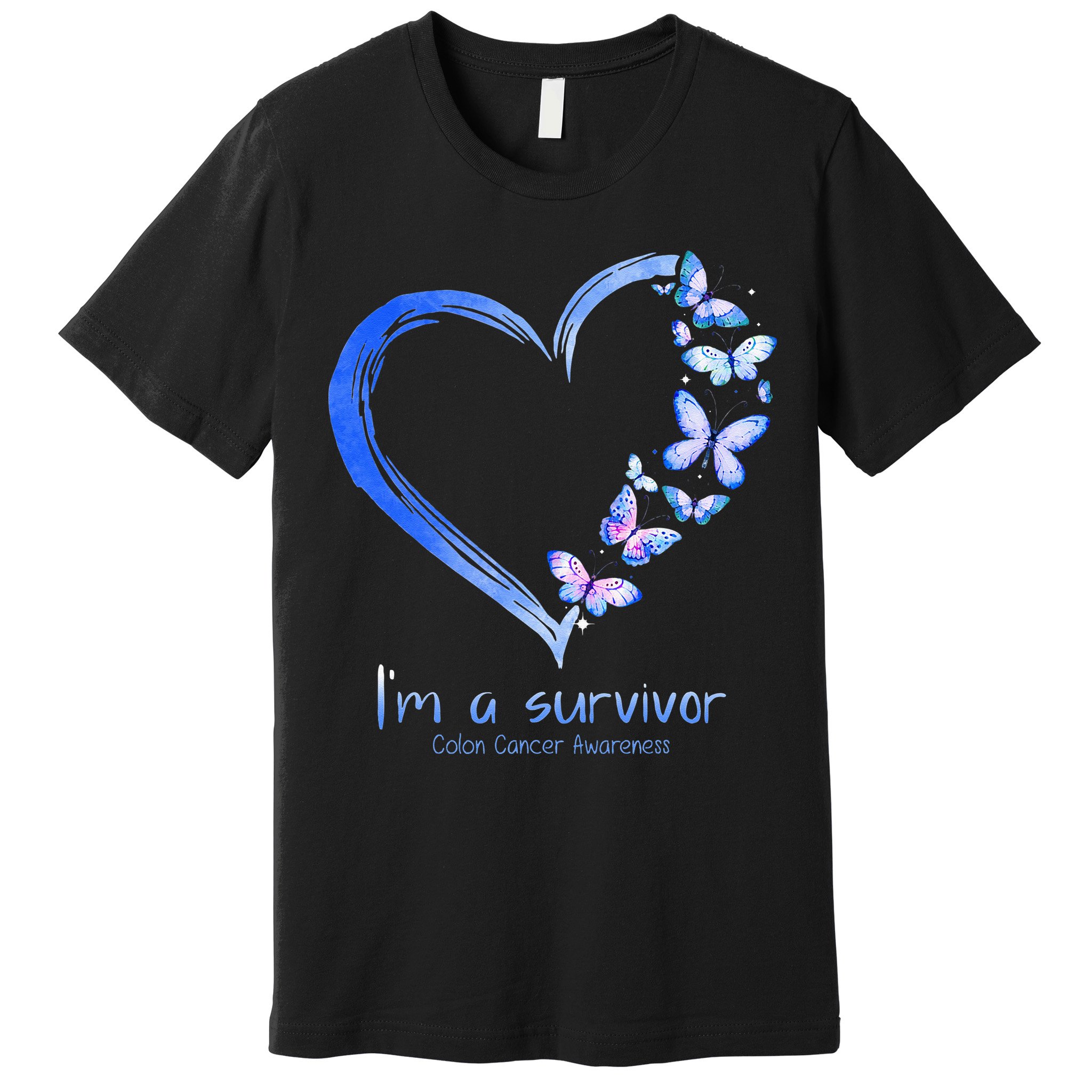 Blue Butterfly Heart Im A Survivor Colon Cancer Awareness Premium T-Shirt
