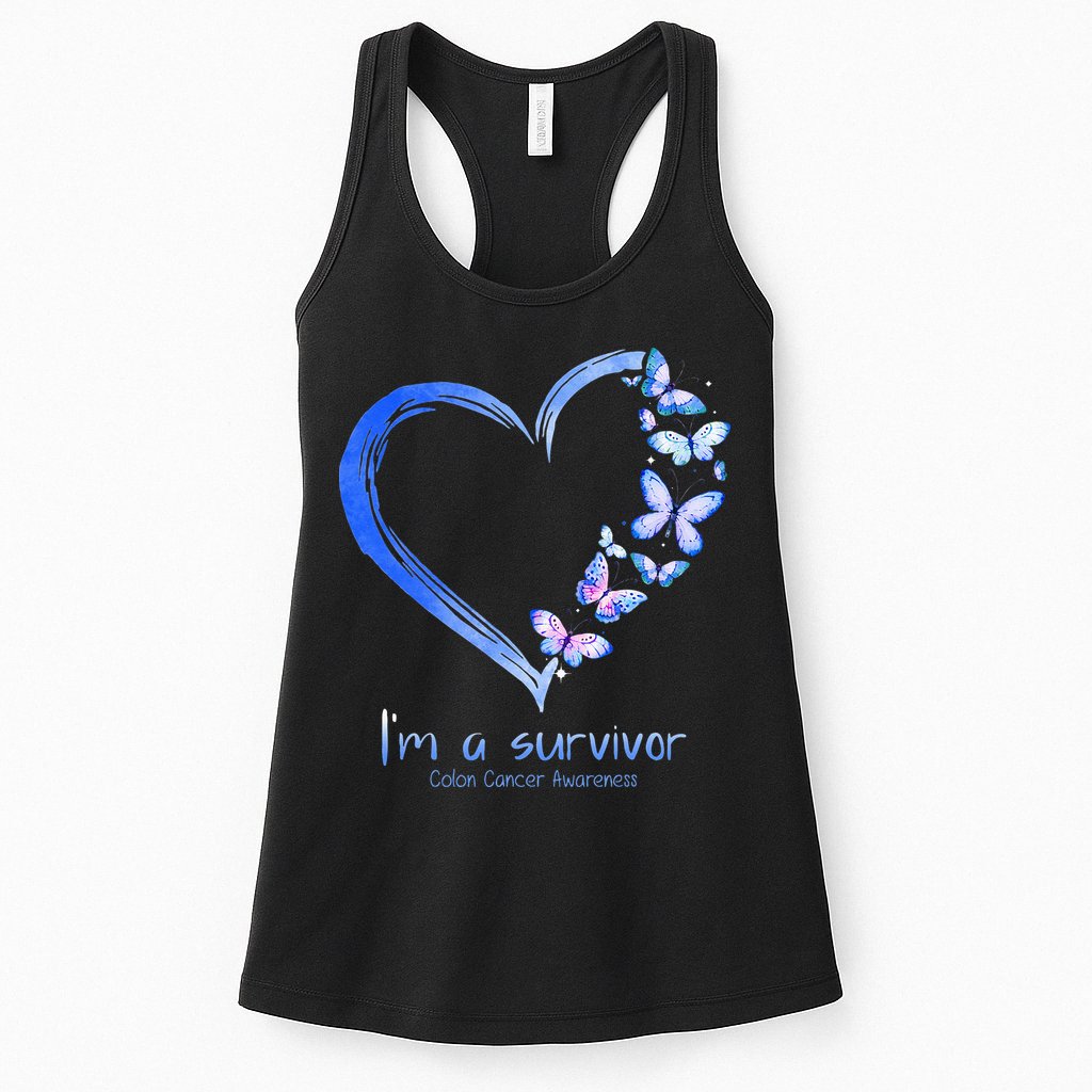 Blue Butterfly Heart Im A Survivor Colon Cancer Awareness Womens Tank Top
