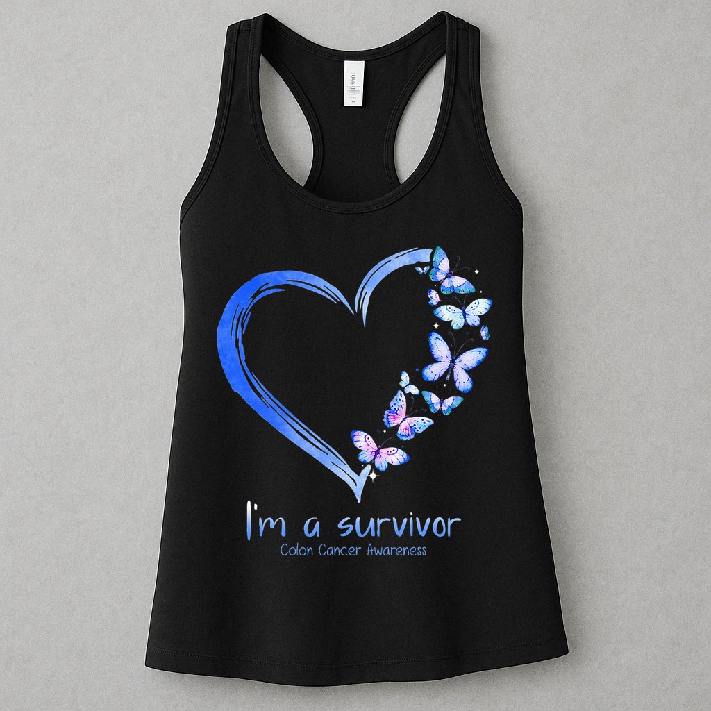 Blue Butterfly Heart Im A Survivor Colon Cancer Awareness Womens Tank Top