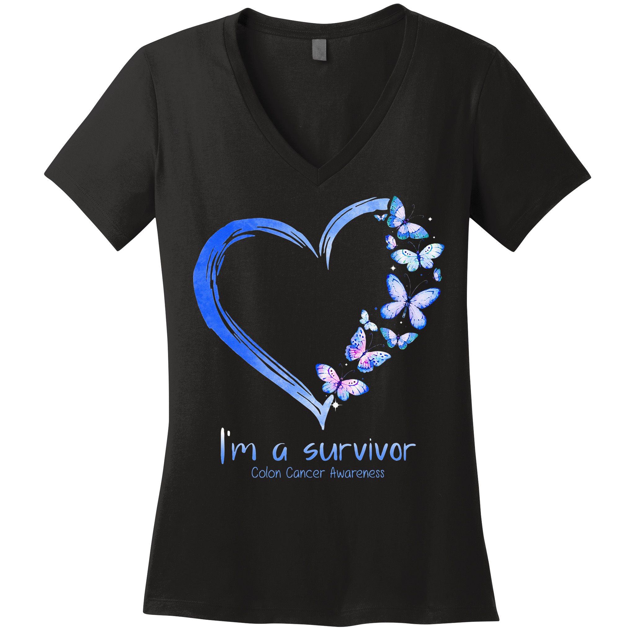 Blue Butterfly Heart Im A Survivor Colon Cancer Awareness Women's V-Neck T-Shirt