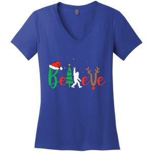 Bigfoot Believe In Christmas Funny Sasquatch Xmas Pajamas Women's V-Neck T-Shirt