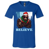 Bigfoot Believe In Christmas Sasquatch Funny Xmas Gift V-Neck T-Shirt