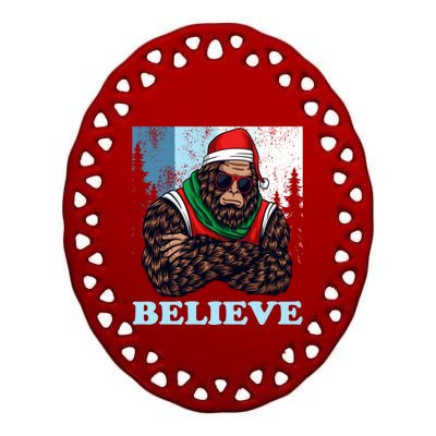 Bigfoot Believe In Christmas Sasquatch Funny Xmas Gift Ceramic Oval Ornament