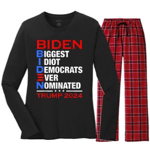 Biden Biggest Idiot Democrats Ever Nominated Trump 2024 Women's Long Sleeve Flannel Pajama Set 