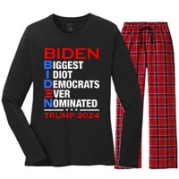 Biden Biggest Idiot Democrats Ever Nominated Trump 2024 Women's Long Sleeve Flannel Pajama Set 