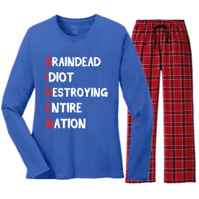 Biden Braindead Idiot Destroying Entire Nation Distressed Funny Gift Women's Long Sleeve Flannel Pajama Set 