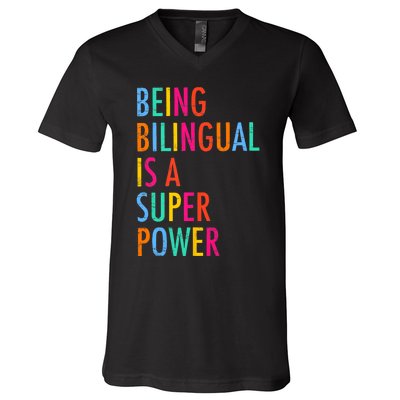 Being Bilingual Is A Superpower Back To School Teacher V-Neck T-Shirt