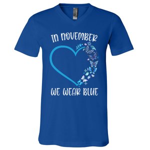 Blue Butterfly In November We Wear Blue Diabetes Awareness Meaningful Gift V-Neck T-Shirt