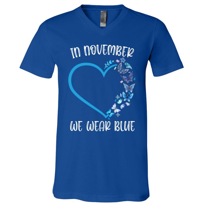 Blue Butterfly In November We Wear Blue Diabetes Awareness Meaningful Gift V-Neck T-Shirt