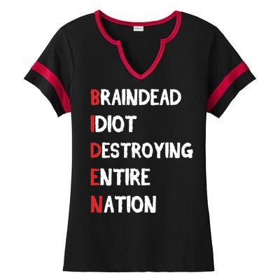 Biden Braindead Idiot Destroying Entire Nation Distressed Ladies Halftime Notch Neck Tee