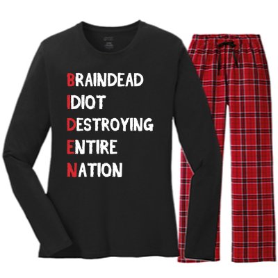 Biden Braindead Idiot Destroying Entire Nation Distressed Women's Long Sleeve Flannel Pajama Set 