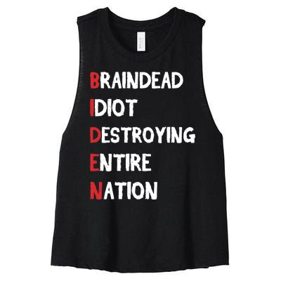 Biden Braindead Idiot Destroying Entire Nation Distressed Women's Racerback Cropped Tank