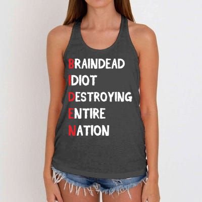 Biden Braindead Idiot Destroying Entire Nation Distressed Women's Knotted Racerback Tank