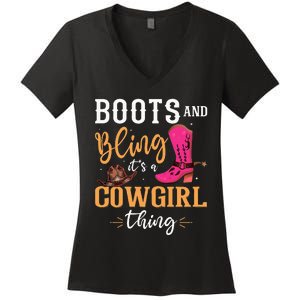 boots & bling it's a cow thing Western  Women's V-Neck T-Shirt