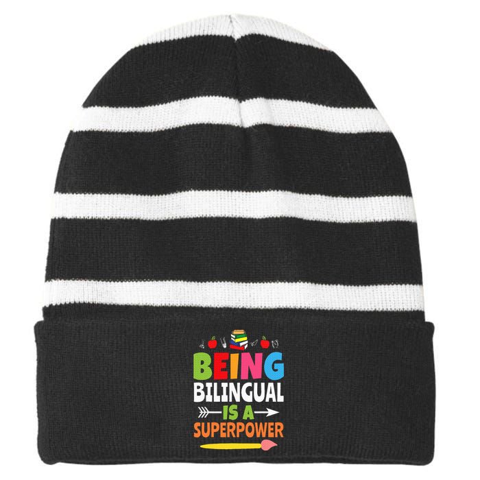 Being Bilingual Is A Superpower Back To School ESL Teacher Striped Beanie with Solid Band