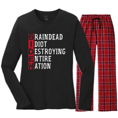 Biden Braindead Idiot Destroying Entire Nation Anti Biden Women's Long Sleeve Flannel Pajama Set 