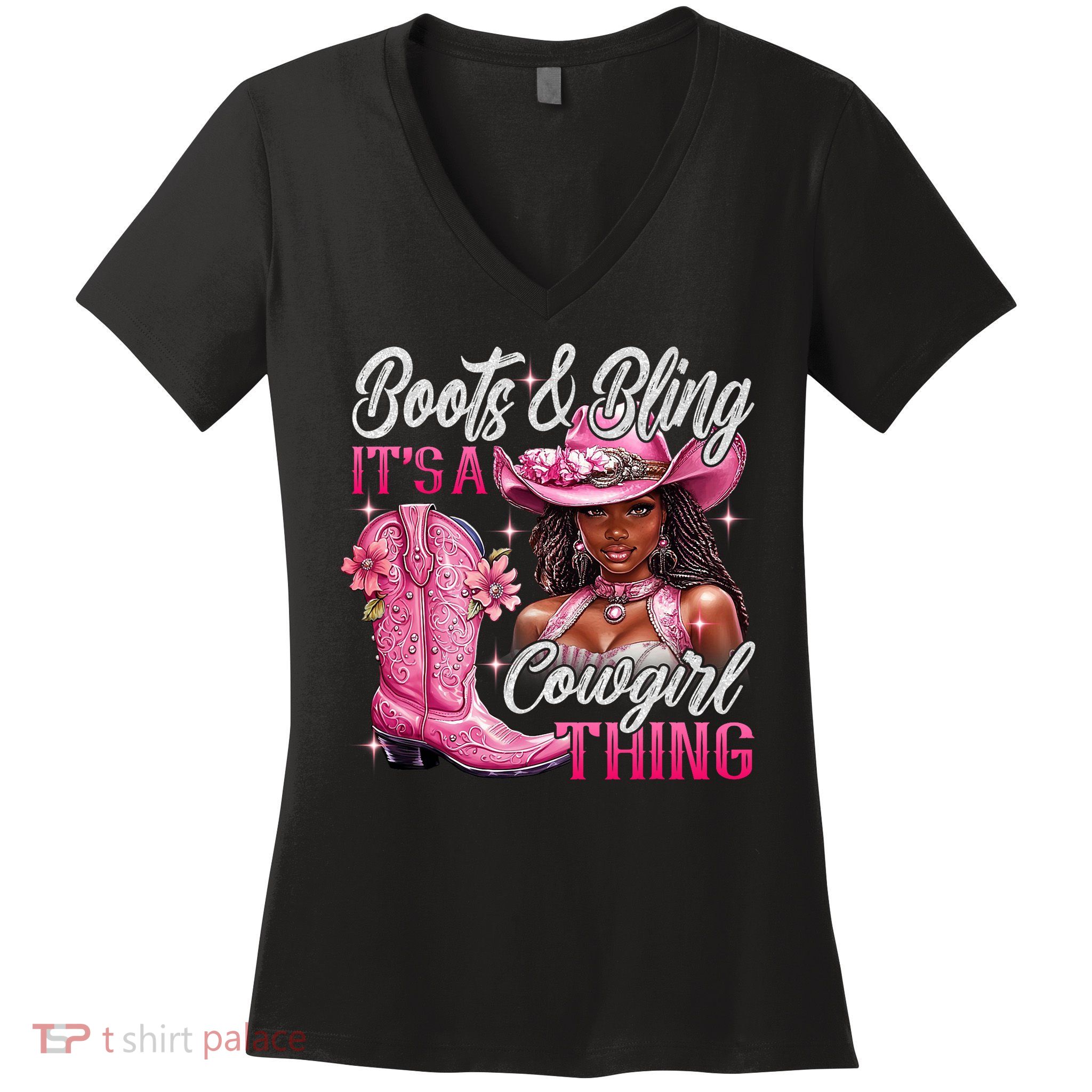 Boots & Bling Its A Cowgirl Thing Pi.nk Black Cowgirl Melanin Women's V-Neck T-Shirt
