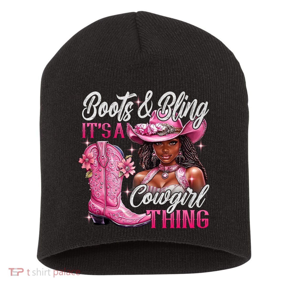Boots & Bling Its A Cowgirl Thing Pi.nk Black Cowgirl Melanin Short Acrylic Beanie