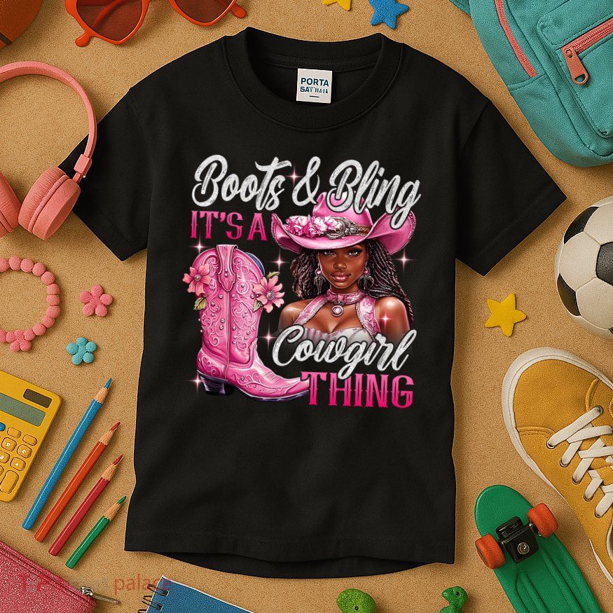 Boots & Bling Its A Cowgirl Thing Pi.nk Black Cowgirl Melanin Kids T-Shirt
