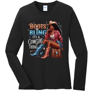 Boots & Bling Its A Cowgirl Thing Melanin Rodeo Cowgirl Ladies Long Sleeve Shirt