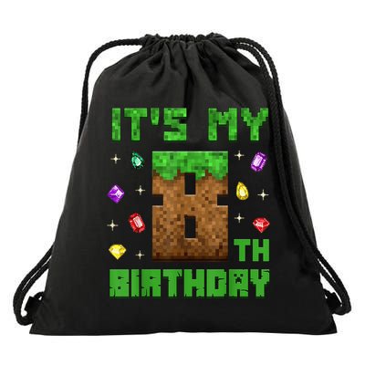 Birthday Boy It'S My 8th Birthday Gamer Pixel Number Drawstring Bag