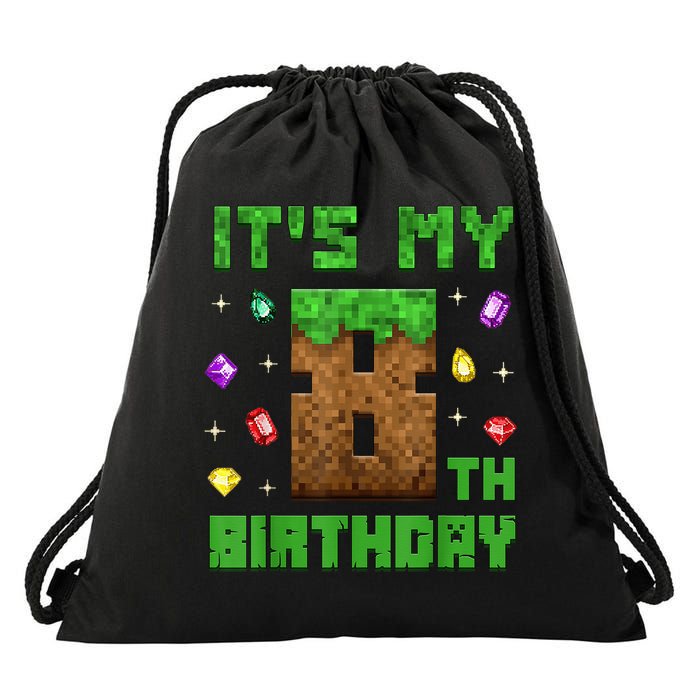 Birthday Boy It'S My 8th Birthday Gamer Pixel Number Drawstring Bag