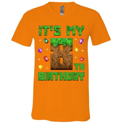 Birthday Boy It'S My 8th Birthday Gamer Pixel Number V-Neck T-Shirt