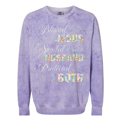 Blessed By Jesus Spoiled By My Husband Protected Both Colorblast Crewneck Sweatshirt