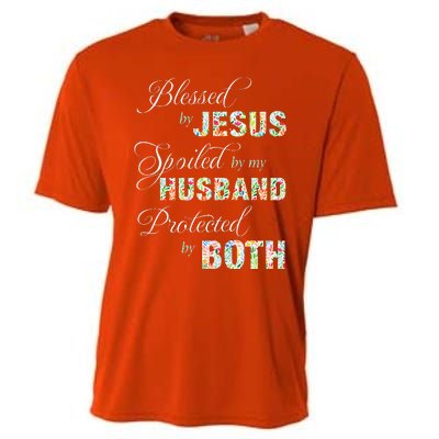 Blessed By Jesus Spoiled By My Husband Protected Both Cooling Performance Crew T-Shirt