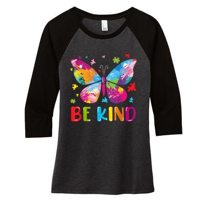 Butterfly Be Kind Autism Awareness Women's Tri-Blend 3/4-Sleeve Raglan Shirt