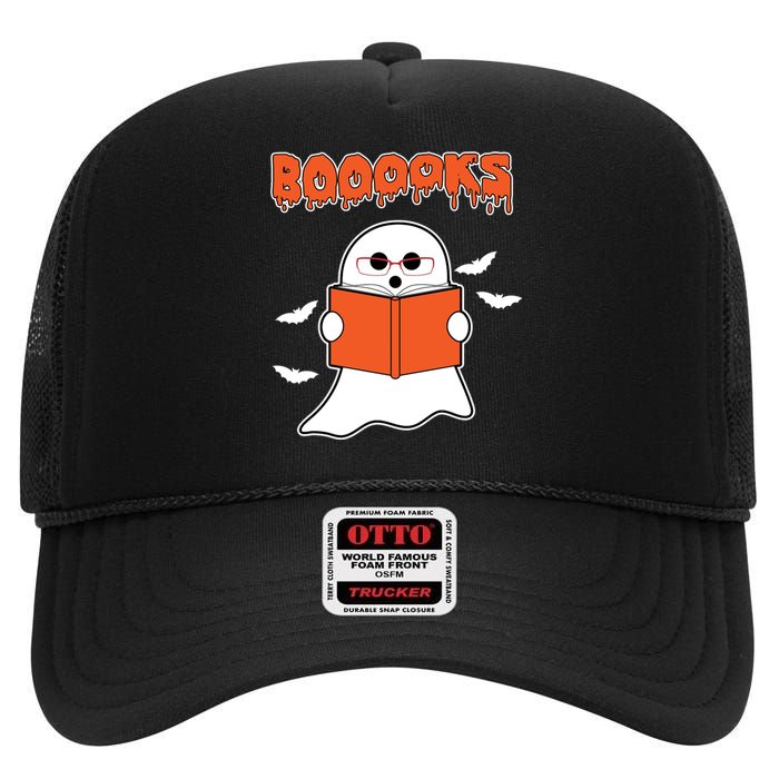 Booooks Book Lover Halloween Ghost Boo High Crown Mesh Back Trucker Hat